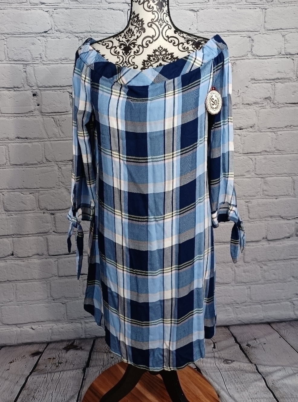 authentic American heritage women's plaid print woven off shoulder top sz L b20